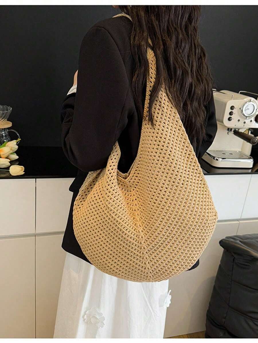 Women's Spring Beach Bag, Crochet Tote Bag, Large Capacity Fashion Shoulder Bag, Travel Essential, Suitable For Students And Working Women.
