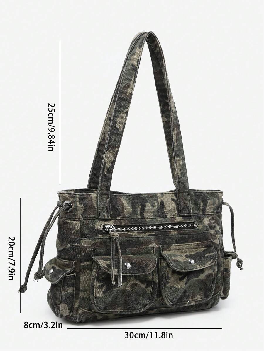 1pc Women's Vintage Y2K Motorcycle Western Hippie Style Camouflage Multi-Pocket Decor Soft Distressed Washed Leather Large Capacity Handbag Crossbody Bag Suitable For Outing Dating Party
