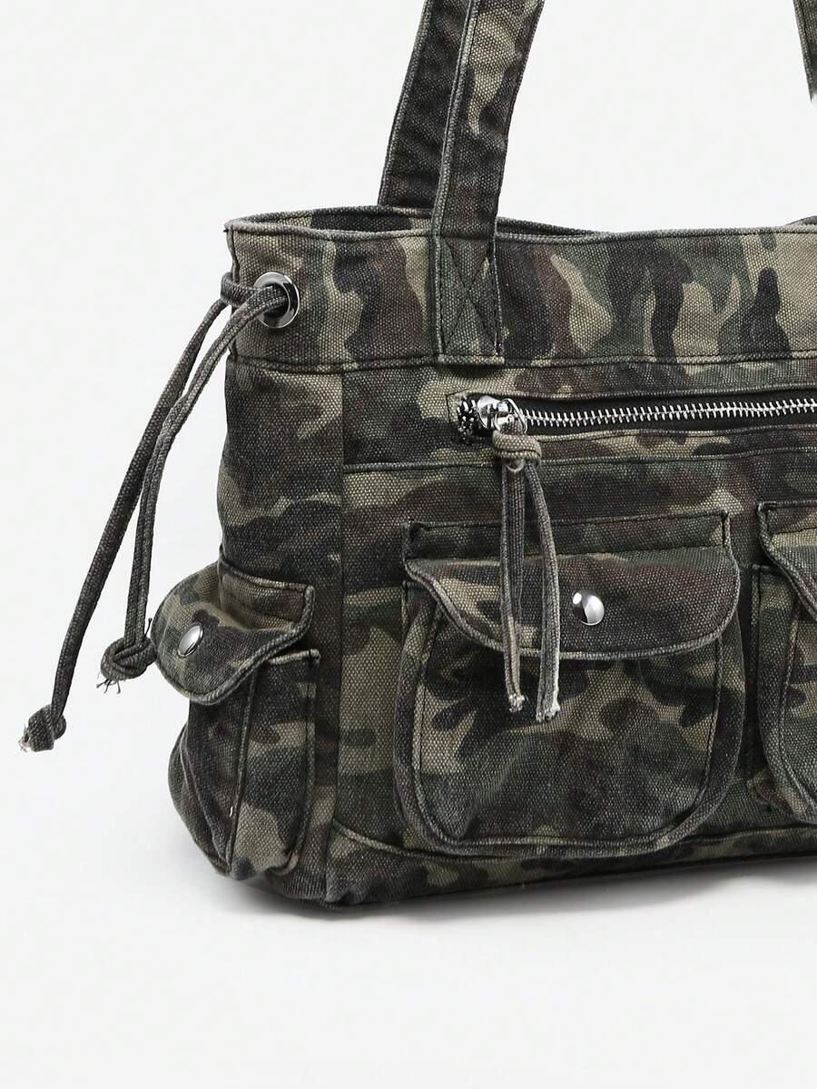 1pc Women's Vintage Y2K Motorcycle Western Hippie Style Camouflage Multi-Pocket Decor Soft Distressed Washed Leather Large Capacity Handbag Crossbody Bag Suitable For Outing Dating Party