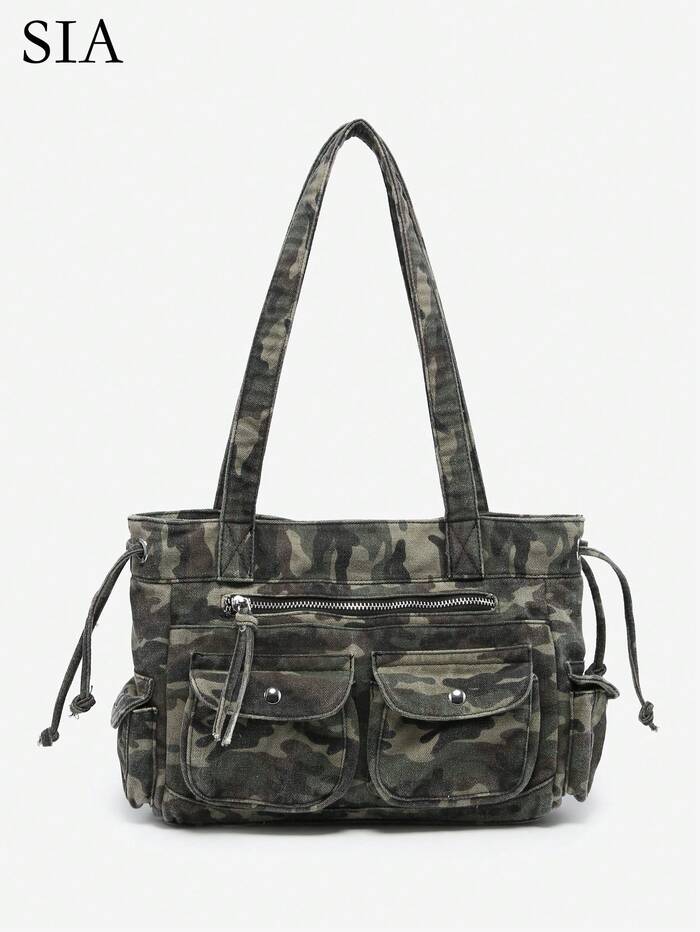 1pc Women's Vintage Y2K Motorcycle Western Hippie Style Camouflage Multi-Pocket