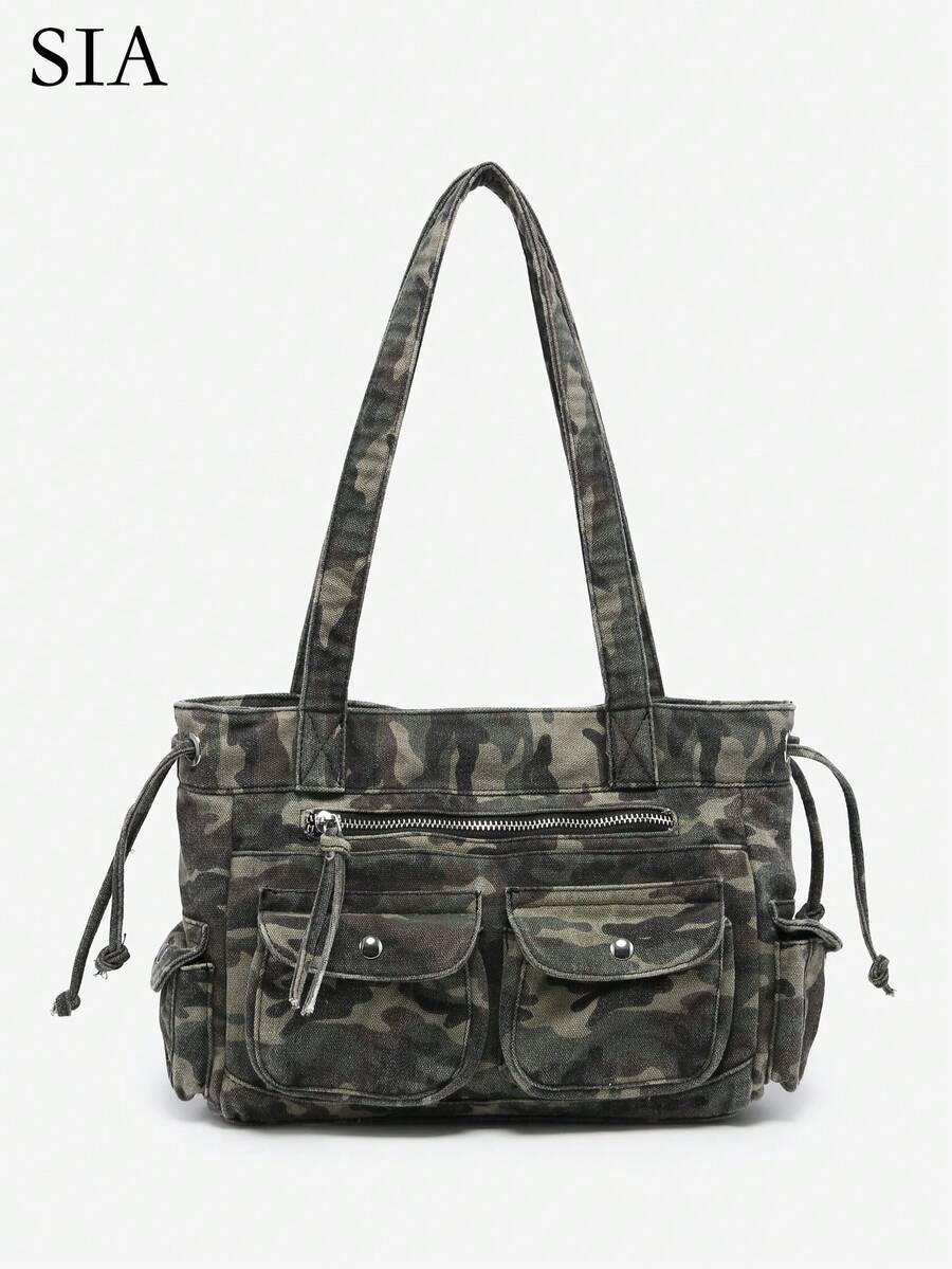 1pc Women's Vintage Y2K Motorcycle Western Hippie Style Camouflage Multi-Pocket Decor Soft Distressed Washed Leather Large Capacity Handbag Crossbody Bag Suitable For Outing Dating Party