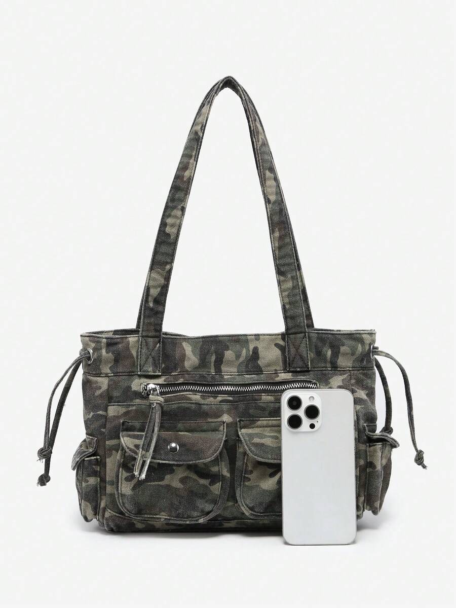 1pc Women's Vintage Y2K Motorcycle Western Hippie Style Camouflage Multi-Pocket Decor Soft Distressed Washed Leather Large Capacity Handbag Crossbody Bag Suitable For Outing Dating Party