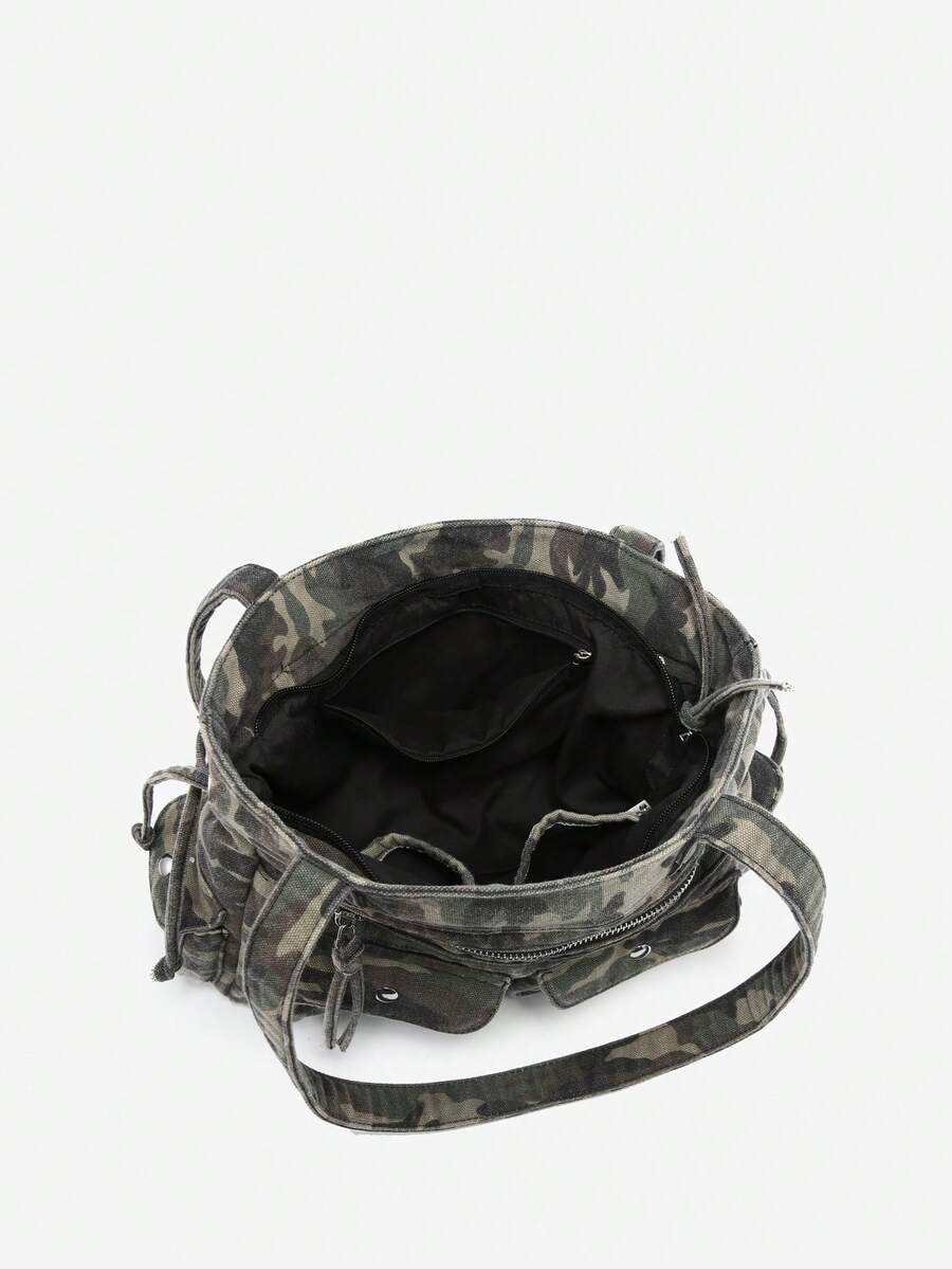 1pc Women's Vintage Y2K Motorcycle Western Hippie Style Camouflage Multi-Pocket Decor Soft Distressed Washed Leather Large Capacity Handbag Crossbody Bag Suitable For Outing Dating Party