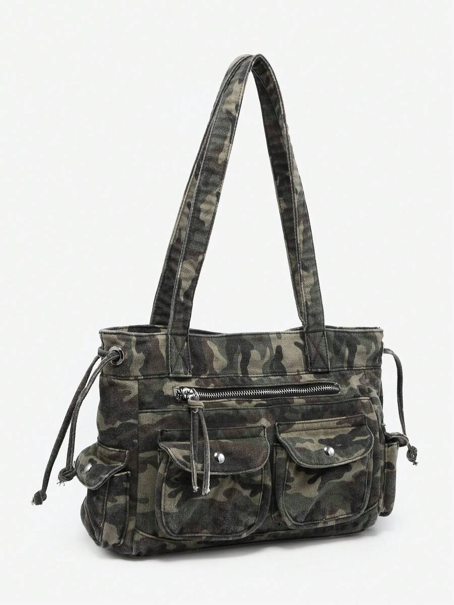 1pc Women's Vintage Y2K Motorcycle Western Hippie Style Camouflage Multi-Pocket Decor Soft Distressed Washed Leather Large Capacity Handbag Crossbody Bag Suitable For Outing Dating Party