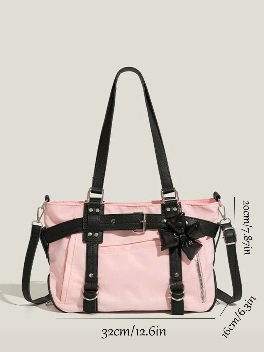 2024 New Student Handbag Women Large Capacity Shoulder Crossbody Bag Cute Motorcycle Bag Minimalist Design Commuter Tote