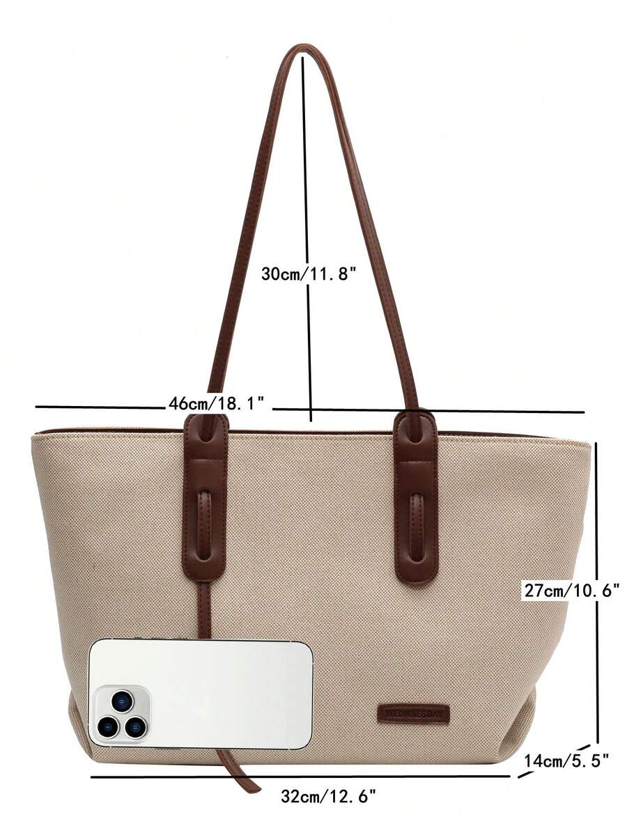 1pc Beige & Brown PU Fabric Fashion Minimalist Large Capacity Colorblock Tote Bag With Zipper Closure, Suitable For Women's Daily Commute, Work, College Student Class, Casual Versatile Shoulder Bag, S
