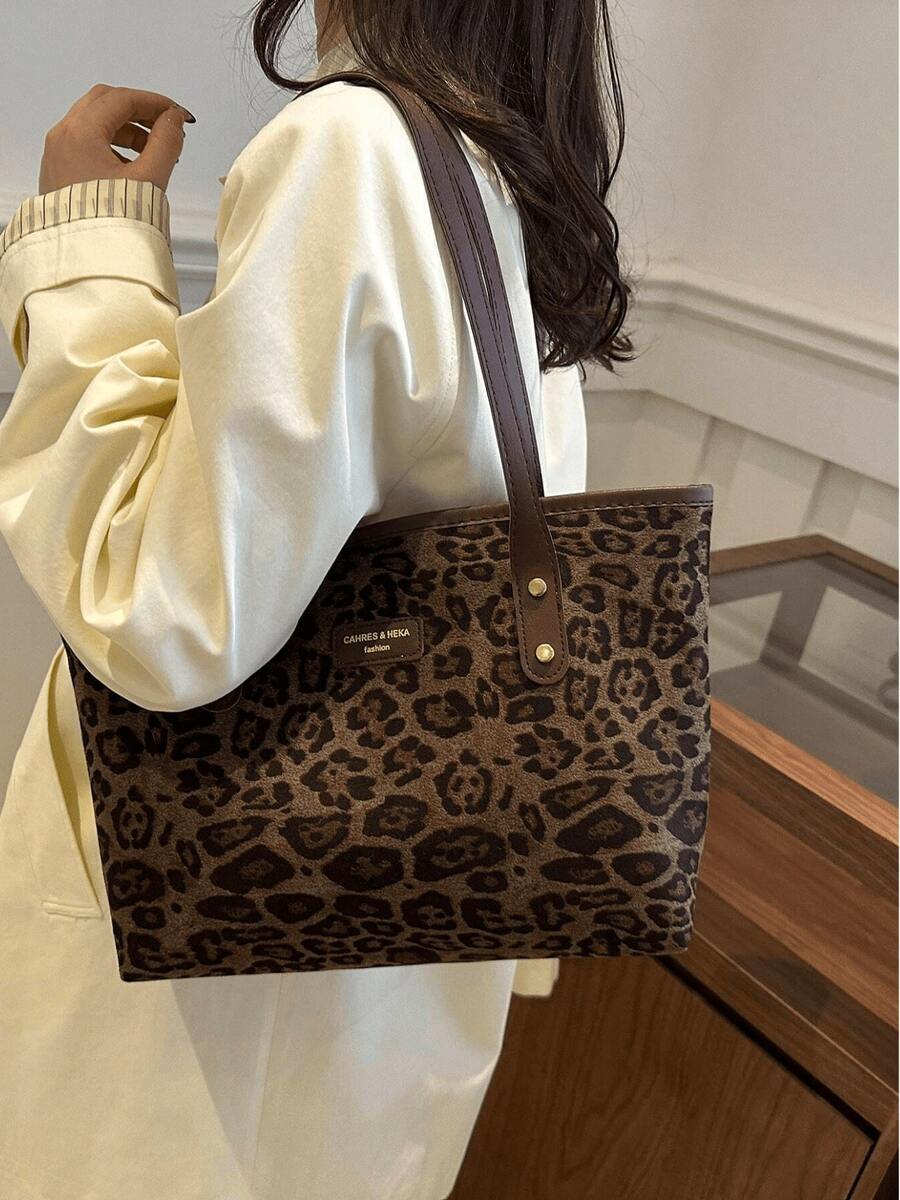 New Women's Vintage Fashion Leopard Print Large Capacity Tote Bag, Zipper Closure, Lightweight Minimalist Shoulder Bag, Suitable For Daily Use