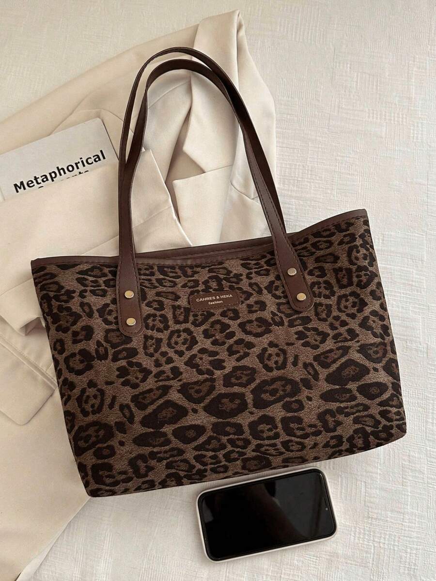 New Women's Vintage Fashion Leopard Print Large Capacity Tote Bag, Zipper Closure, Lightweight Minimalist Shoulder Bag, Suitable For Daily Use