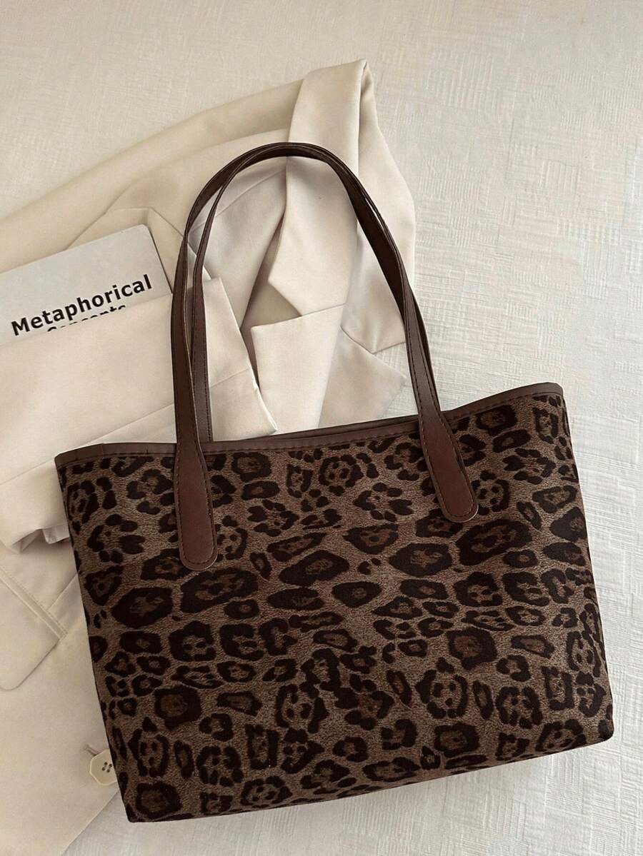 New Women's Vintage Fashion Leopard Print Large Capacity Tote Bag, Zipper Closure, Lightweight Minimalist Shoulder Bag, Suitable For Daily Use