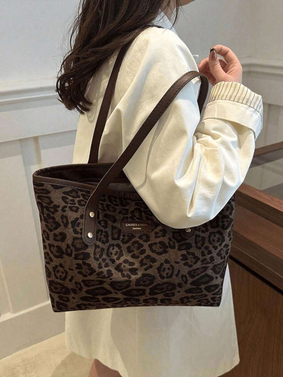 New Women's Vintage Fashion Leopard Print Large Capacity Tote Bag, Zipper Closure, Lightweight Minimalist Shoulder Bag, Suitable For Daily Use