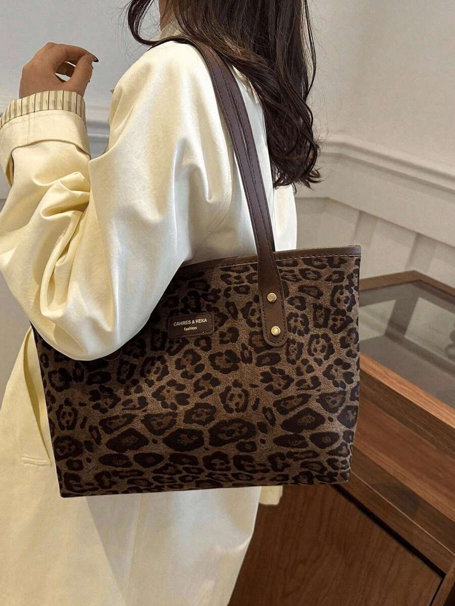 New Women's Vintage Fashion Leopard Print Large Capacity Tote Bag, Zipper Closure, Lightweight Minimalist Shoulder Bag, Suitable For Daily Use