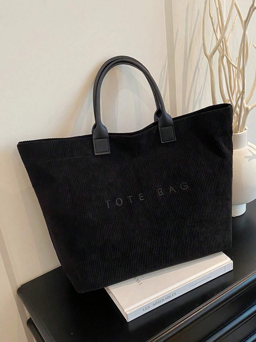 New Large Capacity Letter Decor Corduroy Handbag, Multifunctional Commuter Tote Bag With Dual Handles For Women, Suitable For Work Commute, Shopping