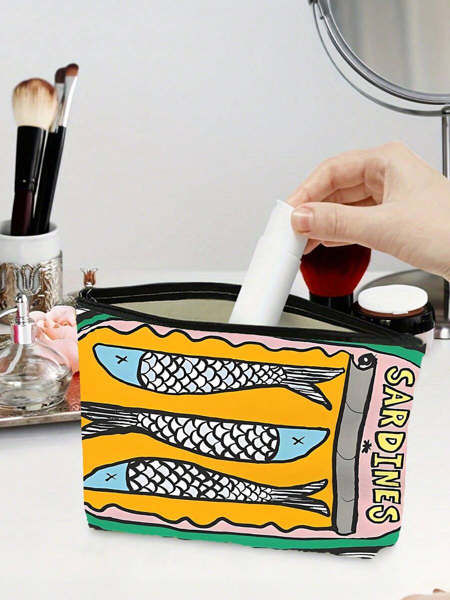 1pc Reusable Tote Bag, Handbag And Cosmetic Bag Set- Colorful Minimalist Pink & Green Striped Sardine Can Print Polyester Shopping Bag, Fixed Shoulder Strap Design, Suitable For Beach, Picnic, Shoppi