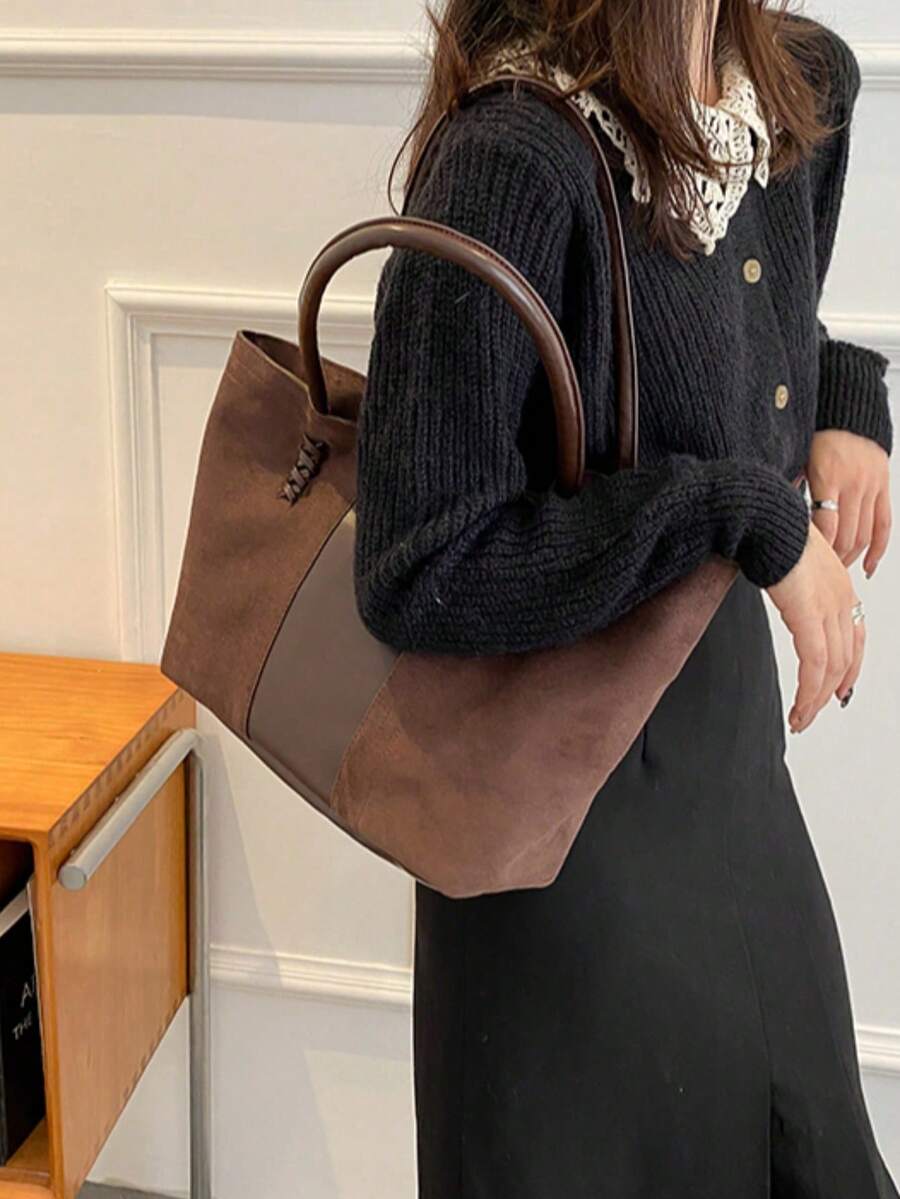 Faux Leather Minimalist Large Capacity Stitch Detail Faux Suede Shoulder Tote Bag, Suede Bag Purse, Newest Fashionable Suede Bag For Women, Perfectly Matching With Fall Outfits Womenfall Clothes For W