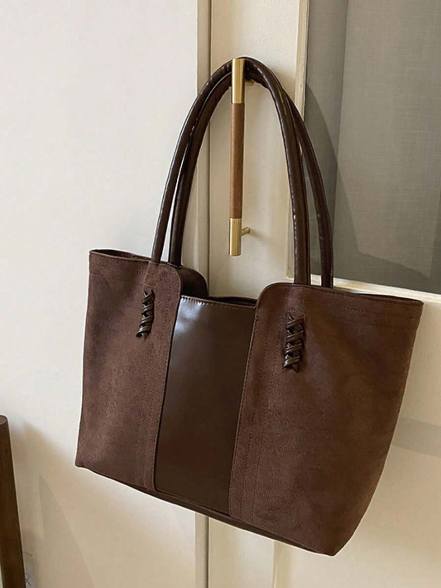Faux Leather Minimalist Large Capacity Stitch Detail Faux Suede Shoulder Tote Bag, Suede Bag Purse, Newest Fashionable Suede Bag For Women, Perfectly Matching With Fall Outfits Womenfall Clothes For W