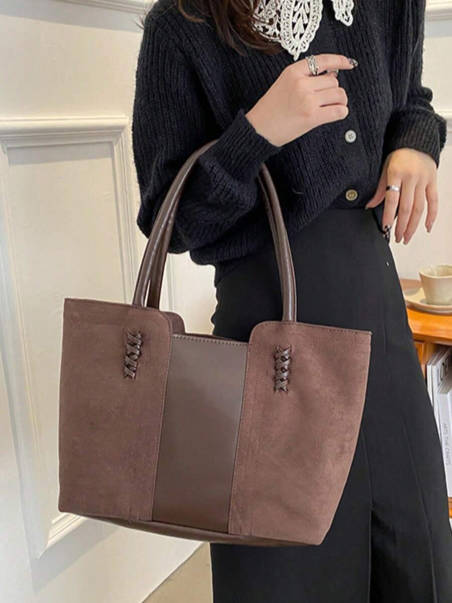 Faux Leather Minimalist Large Capacity Stitch Detail Faux Suede Shoulder Tote Bag, Suede Bag Purse, Newest Fashionable Suede Bag For Women, Perfectly Matching With Fall Outfits Womenfall Clothes For W