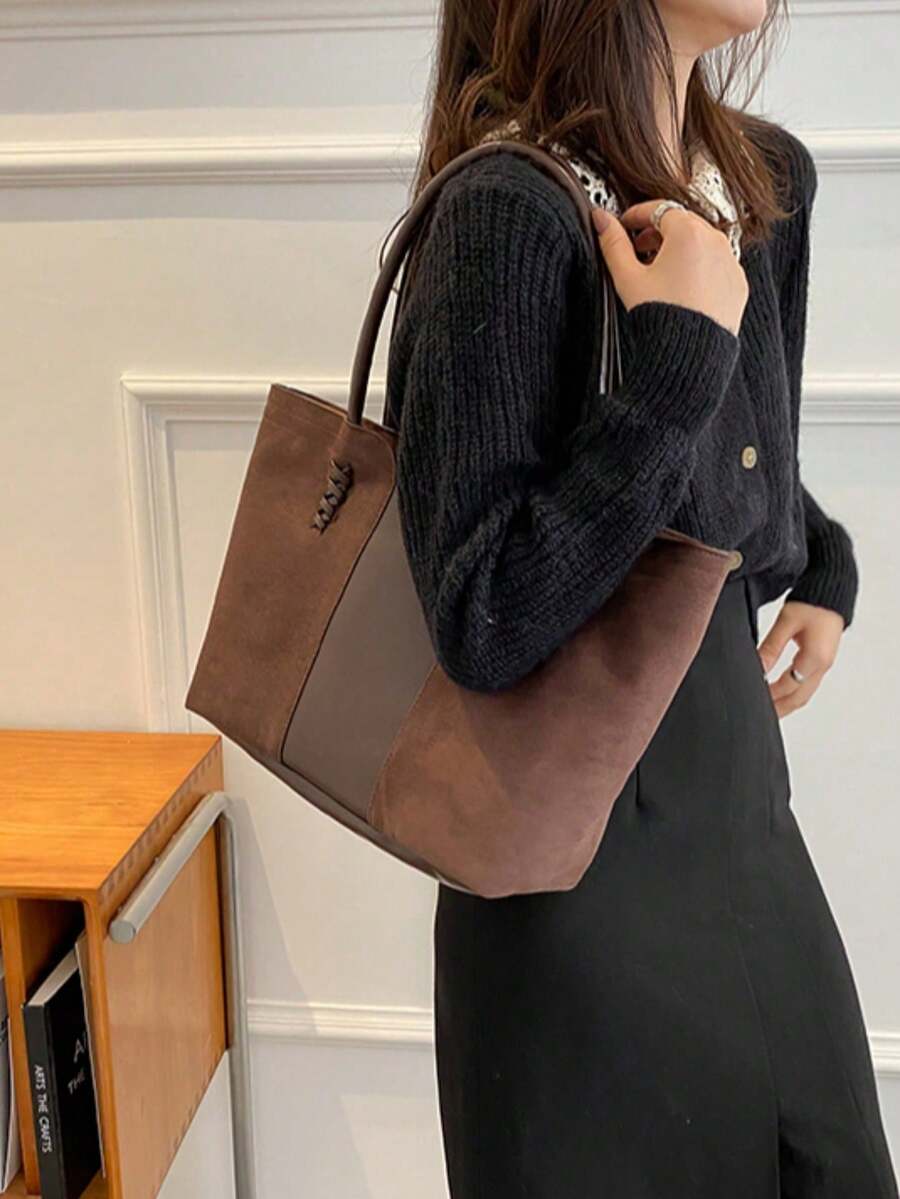Faux Leather Minimalist Large Capacity Stitch Detail Faux Suede Shoulder Tote Bag, Suede Bag Purse, Newest Fashionable Suede Bag For Women, Perfectly Matching With Fall Outfits Womenfall Clothes For W