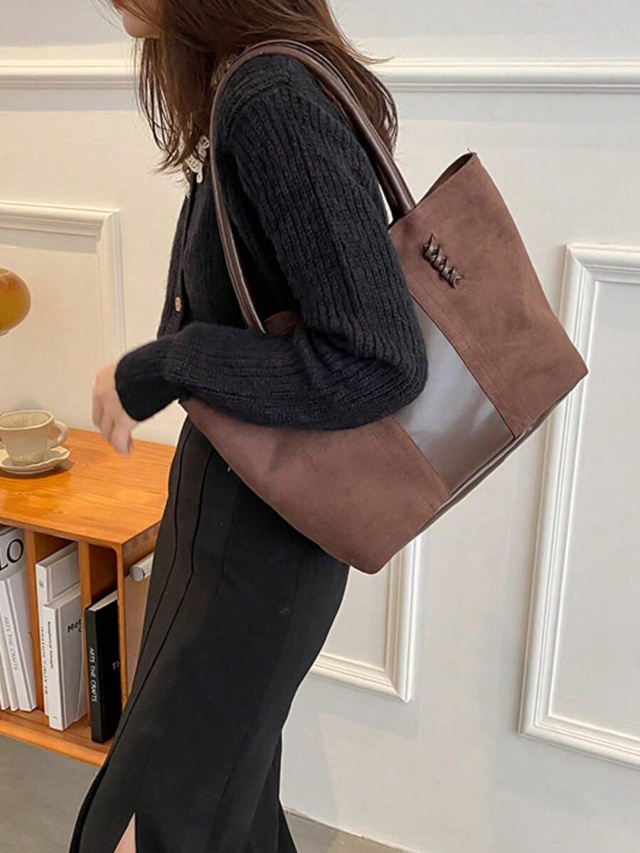 Faux Leather Minimalist Large Capacity Stitch Detail Faux Suede Shoulder Tote Bag, Suede Bag Purse, Newest Fashionable Suede Bag For Women, Perfectly Matching With Fall Outfits Womenfall Clothes For W