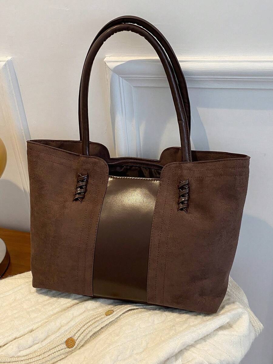 Faux Leather Minimalist Large Capacity Stitch Detail Faux Suede Shoulder Tote Bag, Suede Bag Purse, Newest Fashionable Suede Bag For Women, Perfectly Matching With Fall Outfits Womenfall Clothes For W