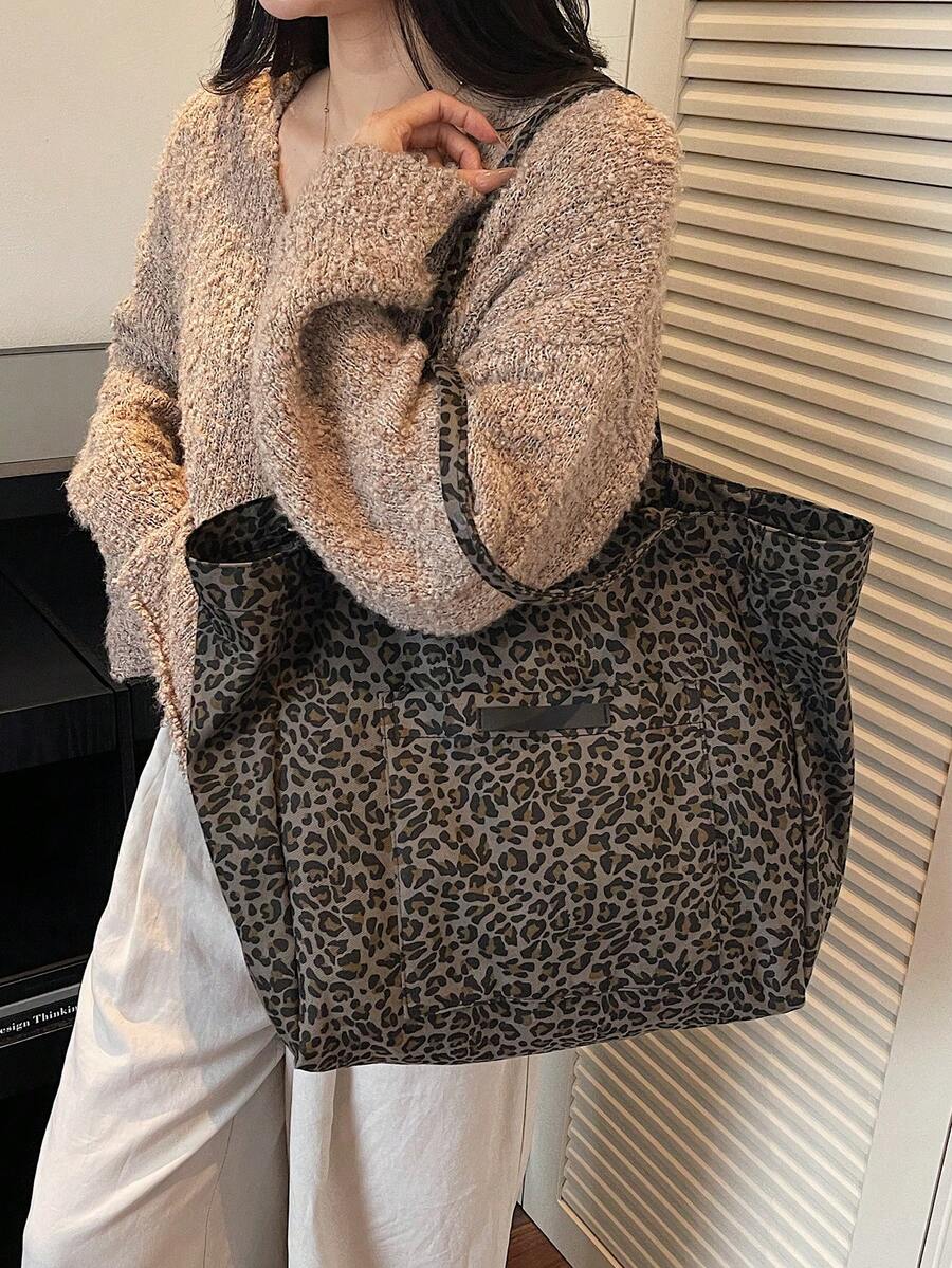 Fashionable Large-Capacity Leopard Print Canvas Tote Bag For Women, Suitable For School, Shopping, Travel, Outdoor Activities,Business Professional Women