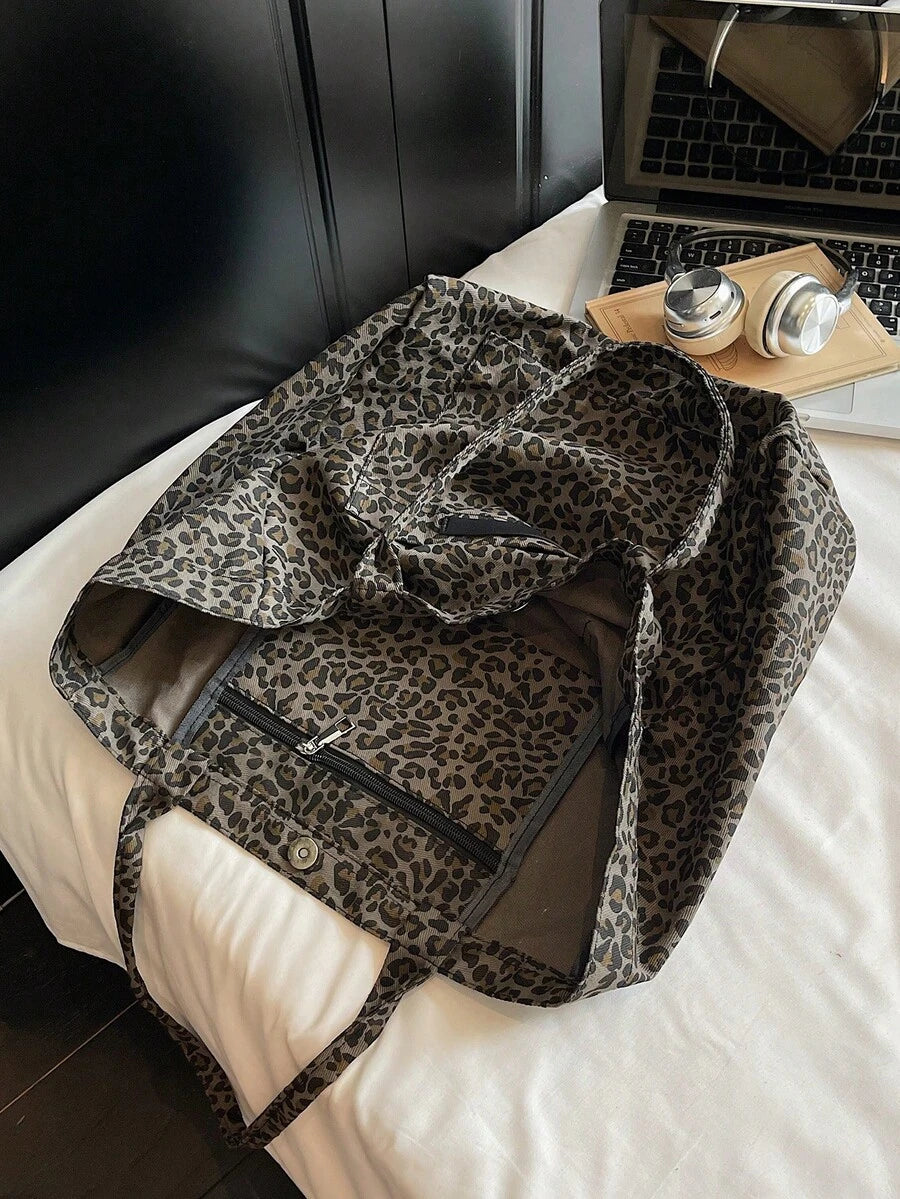 Fashionable Large-Capacity Leopard Print Canvas Tote Bag For Women, Suitable For School, Shopping, Travel, Outdoor Activities,Business Professional Women