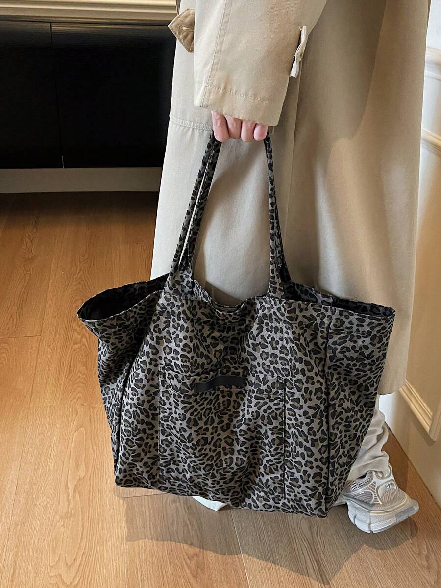 Fashionable Large-Capacity Leopard Print Canvas Tote Bag For Women, Suitable For School, Shopping, Travel, Outdoor Activities,Business Professional Women