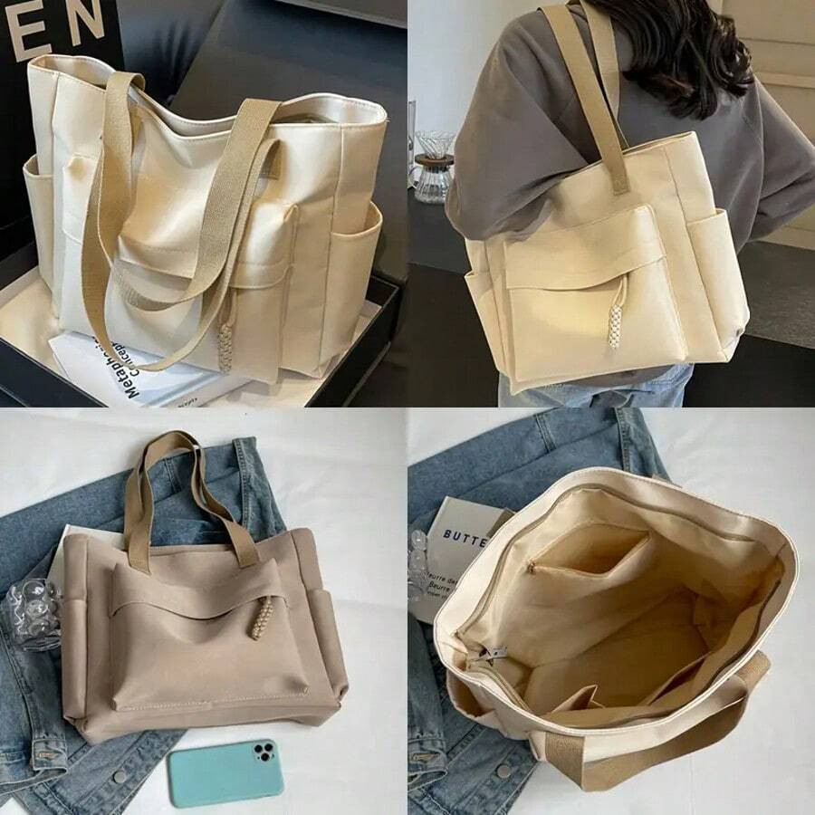 Women's Fashion Solid Color Versatile Tote Bag Large Capacity Minimalist Quilted Shoulder Bag Lightweight Handbag With Zipper Closure Perfect For Work, Travel, School, Or Vacation Handbag Gift Bag