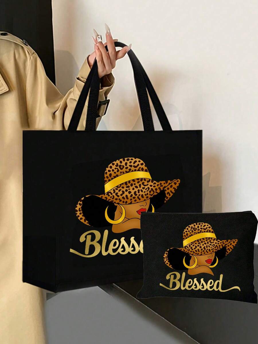 Printed Tote Bag, Printed Tote Bag Set, Tote Bag With Cosmetic Bag, Lightweight Large Capacity Tote Bag, Reusable Jute Shopping Bag, Portable Travel Beach Bag With Cosmetic Bag, Birthday Gift, Teacher