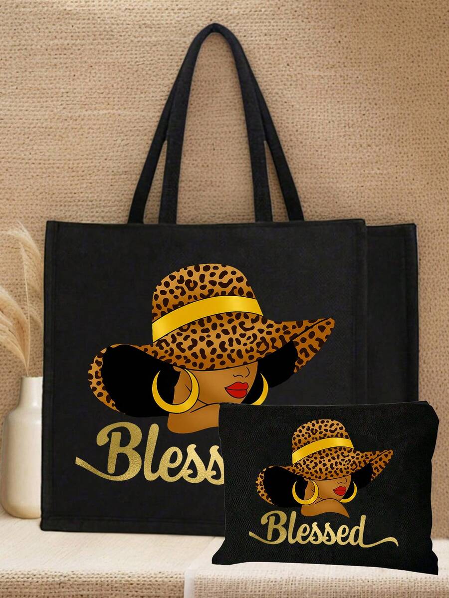 Printed Tote Bag, Printed Tote Bag Set, Tote Bag With Cosmetic Bag, Lightweight Large Capacity Tote Bag, Reusable Jute Shopping Bag, Portable Travel Beach Bag With Cosmetic Bag, Birthday Gift, Teacher