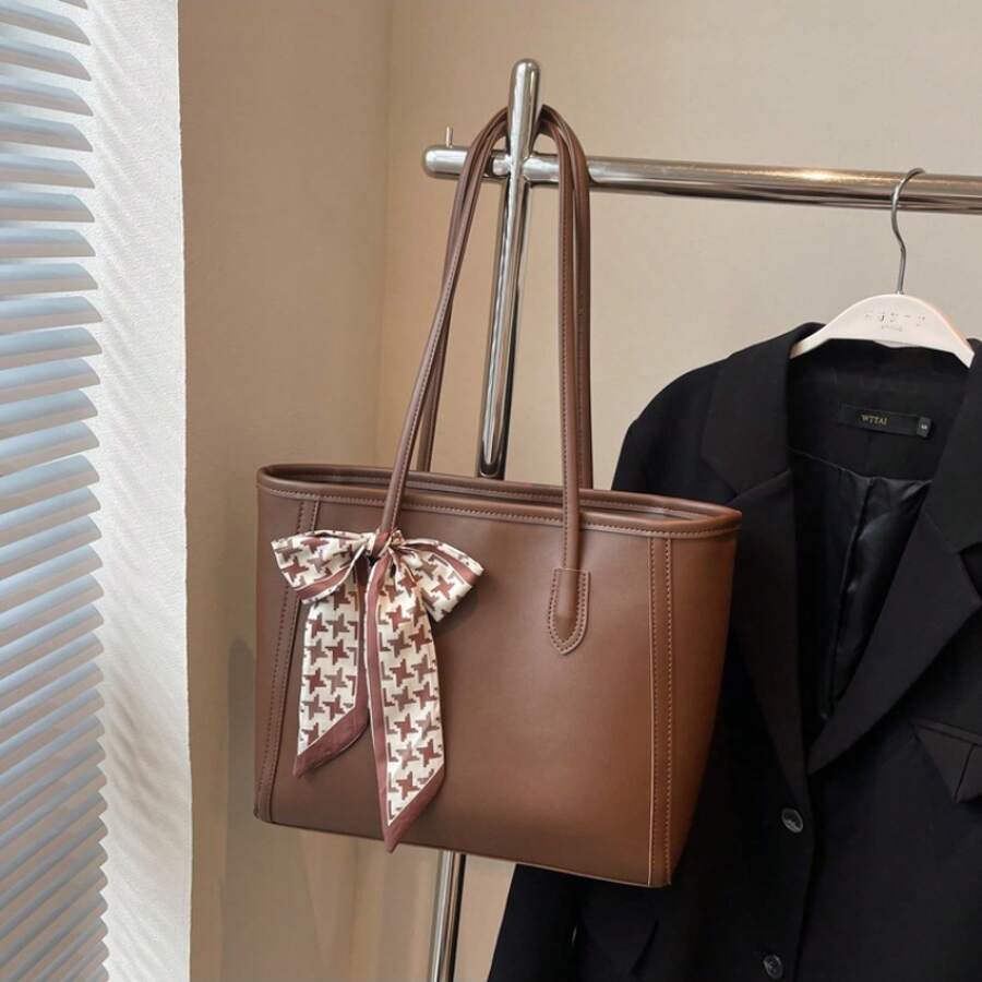 Fashion Solid Color Tote Bag, Scarf Bow Shoulder Bag, Large Casual Handbag, Versatile Commuter & School Bag
