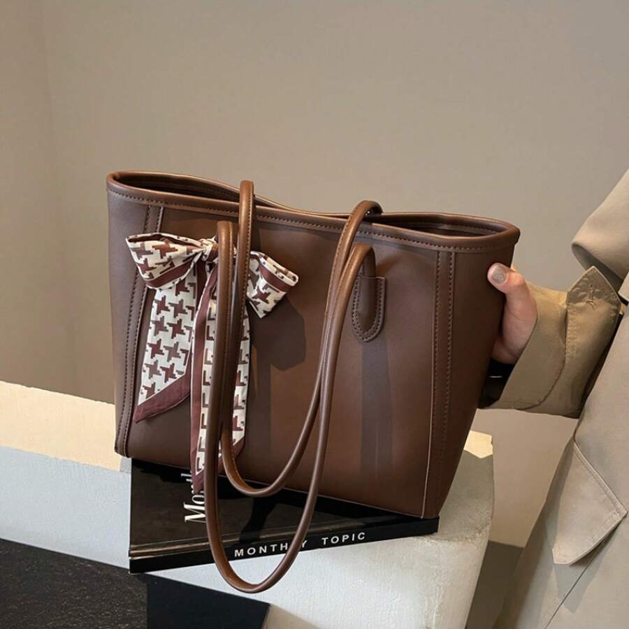 Fashion Solid Color Tote Bag, Scarf Bow Shoulder Bag, Large Casual Handbag, Versatile Commuter & School Bag