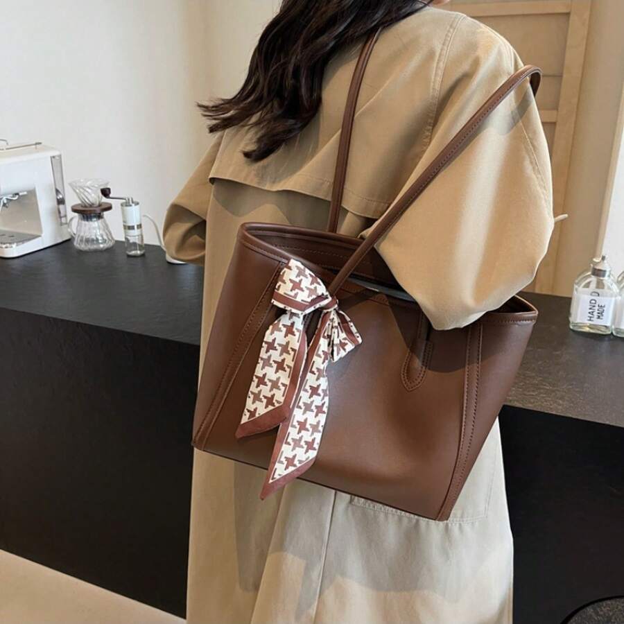 Fashion Solid Color Tote Bag, Scarf Bow Shoulder Bag, Large Casual Handbag, Versatile Commuter & School Bag