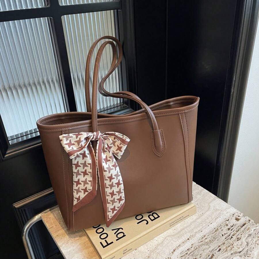 Fashion Solid Color Tote Bag, Scarf Bow Shoulder Bag, Large Casual Handbag, Versatile Commuter & School Bag