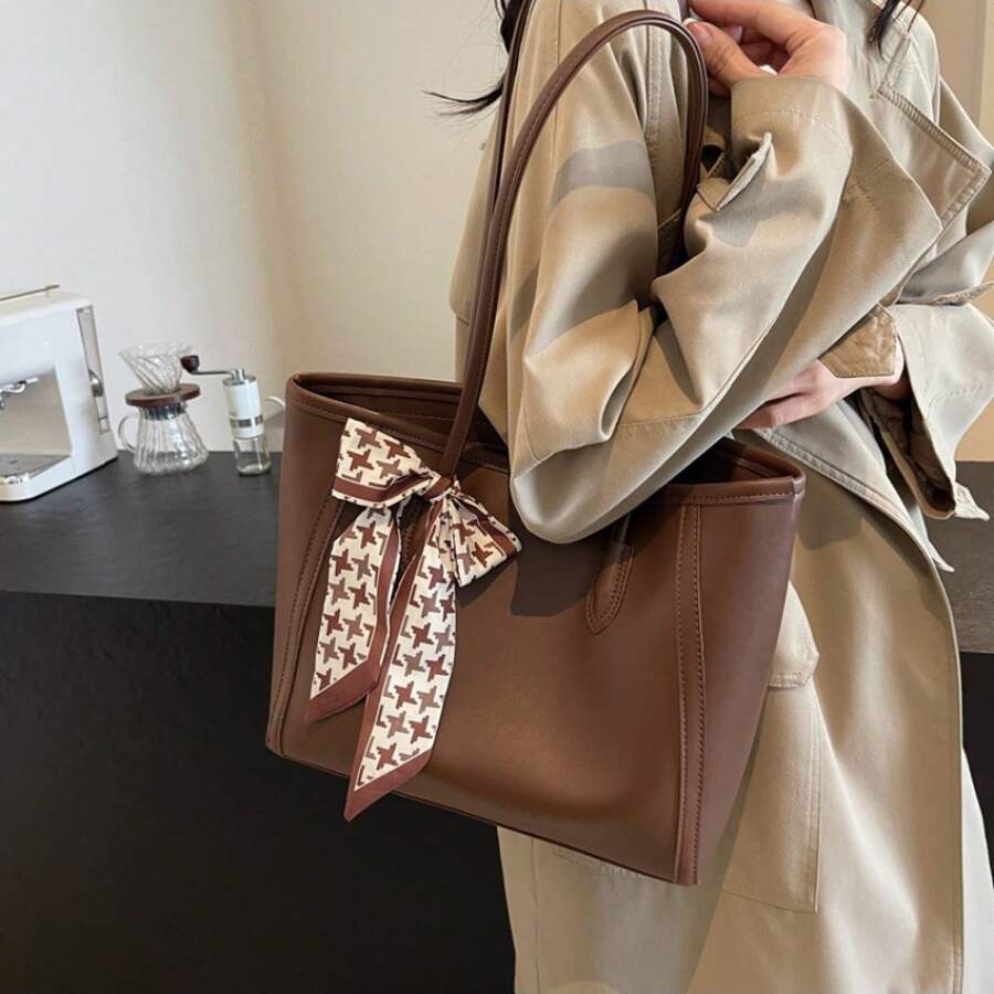 Fashion Solid Color Tote Bag, Scarf Bow Shoulder Bag, Large Casual Handbag, Versatile Commuter & School Bag