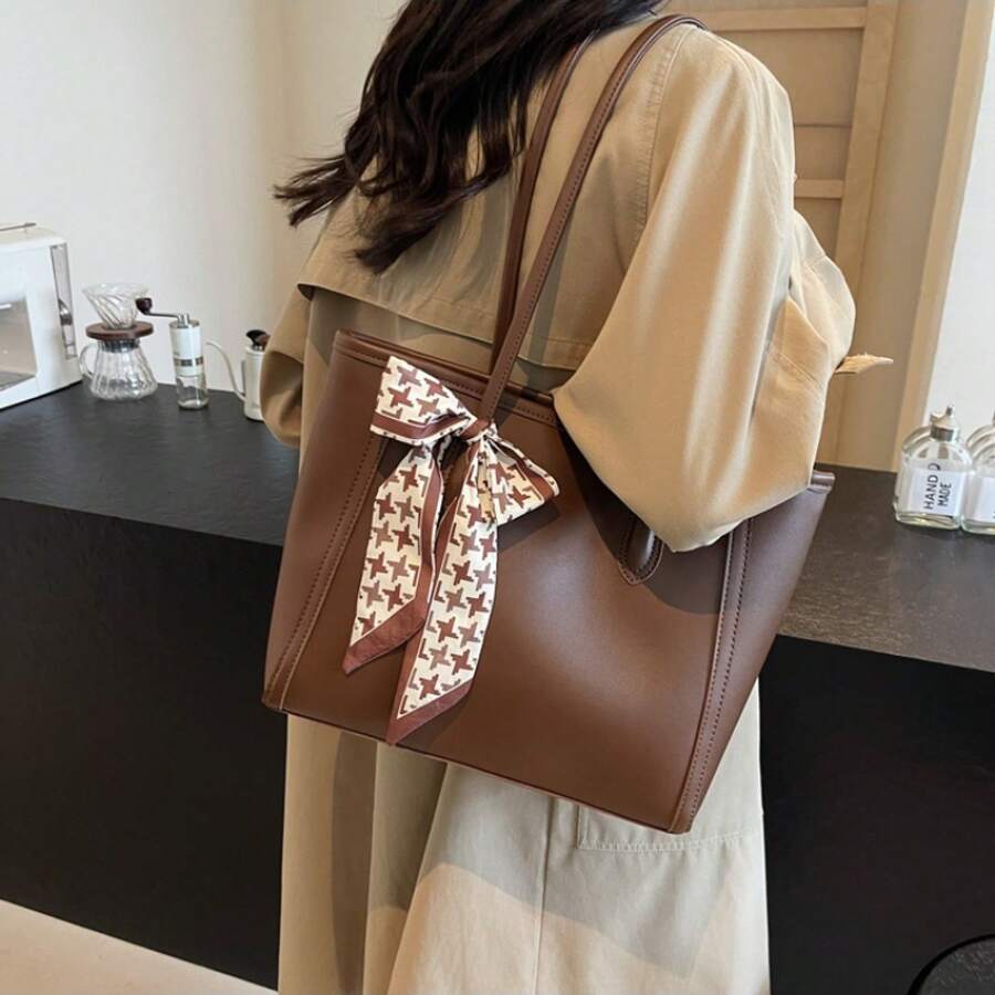 Fashion Solid Color Tote Bag, Scarf Bow Shoulder Bag, Large Casual Handbag, Versatile Commuter & School Bag