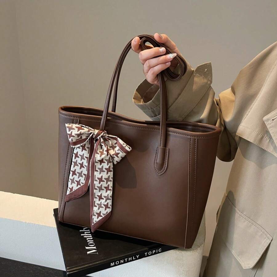 Fashion Solid Color Tote Bag, Scarf Bow Shoulder Bag, Large Casual Handbag, Versatile Commuter & School Bag