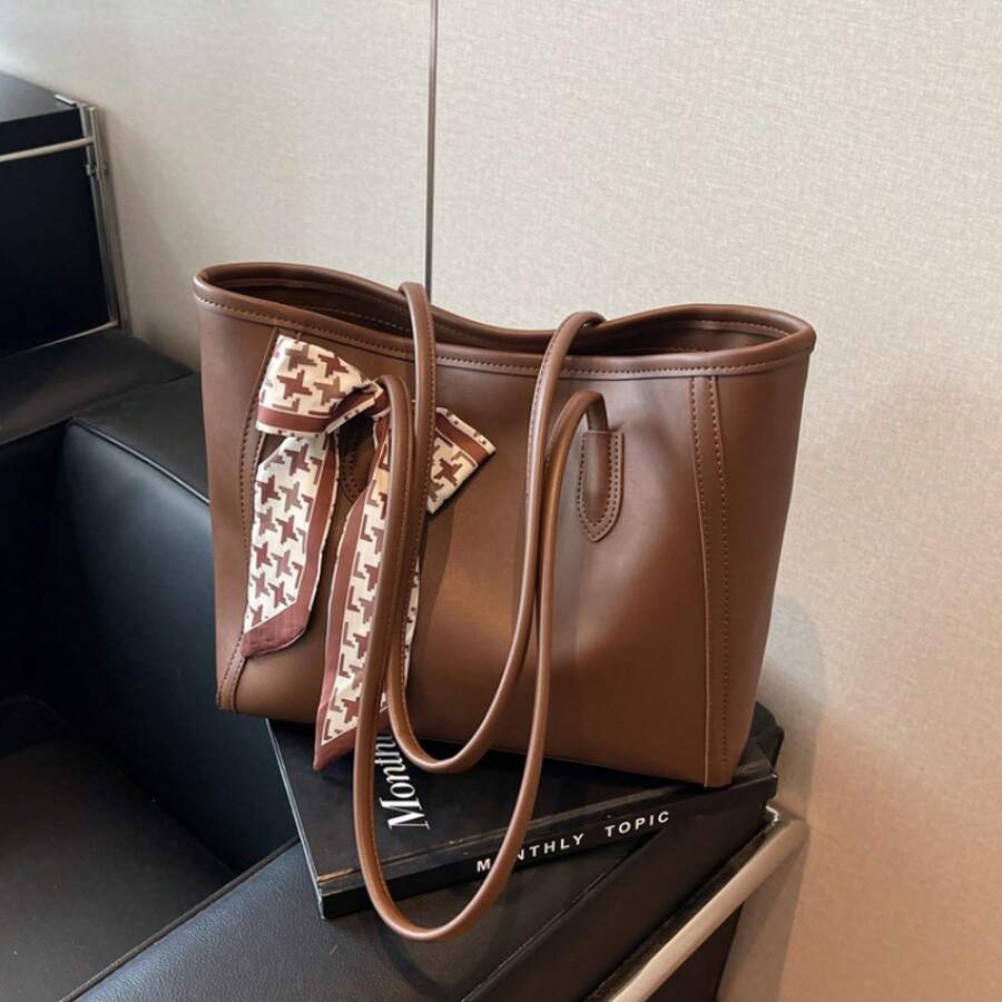Fashion Solid Color Tote Bag, Scarf Bow Shoulder Bag, Large Casual Handbag, Versatile Commuter & School Bag