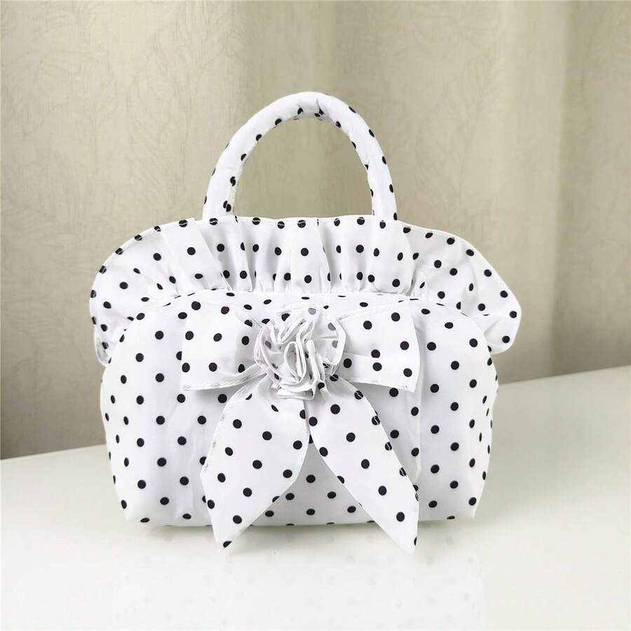 Ruffle Handbag For Women Cute Dots Print Clutch Purse Lightweight Tote With Handles