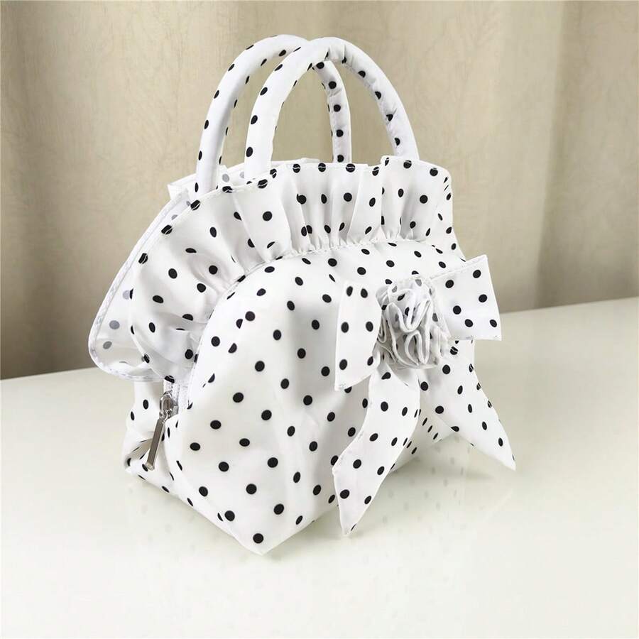 Ruffle Handbag For Women Cute Dots Print Clutch Purse Lightweight Tote With Handles