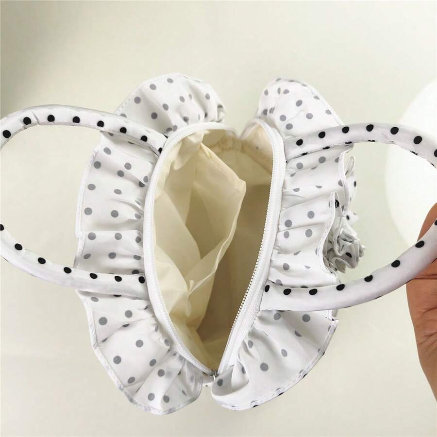 Ruffle Handbag For Women Cute Dots Print Clutch Purse Lightweight Tote With Handles