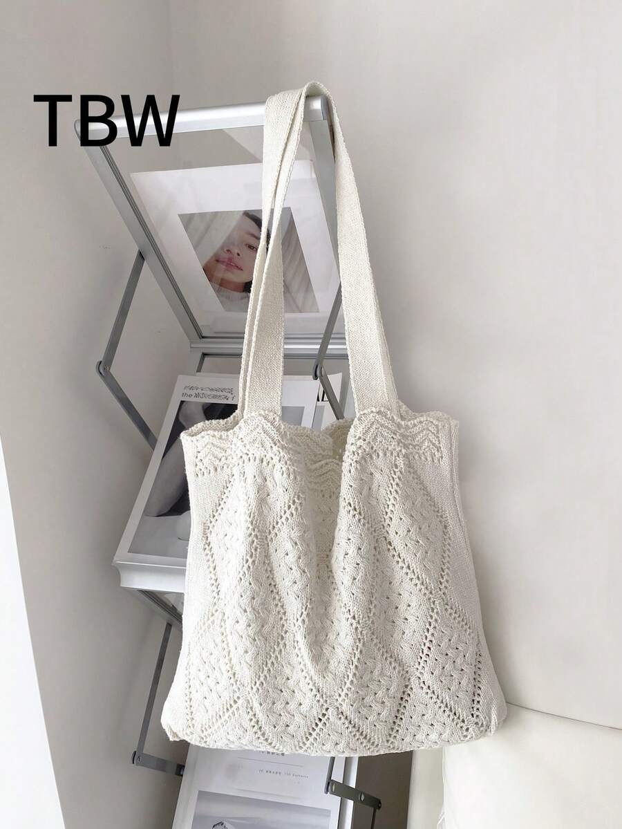 Women's Crochet Handbag, Hollow Out Solid Color, Vacation Style, Suitable For Shopping And Outings