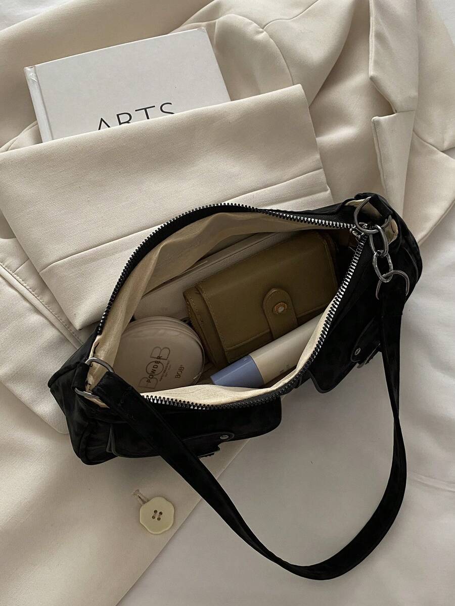 New Fashion Double Pocket Decor Handbag Tote Shoulder Bag, Suitable For Parties, Outings, Vacations, Shopping And Daily Use, Can Store Coins, Phones, Also Suitable As A Work Bag For White-Collar, Coll