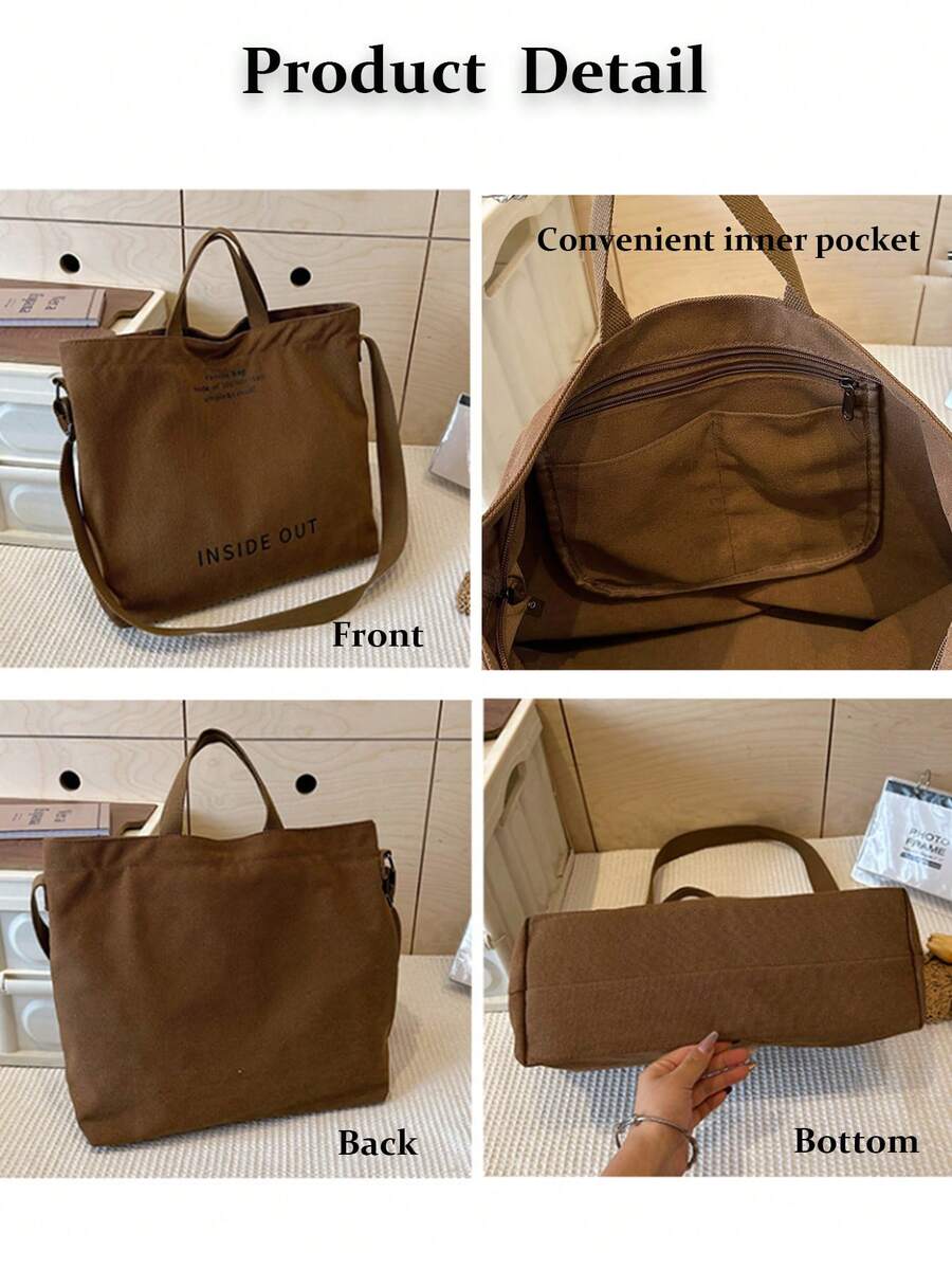 Retro Canvas Tote Bag Letter Print Shoulder Crossbody Bag Large-Capacity Double Handle Handbag College Grey Purse Back To School Travel Essential