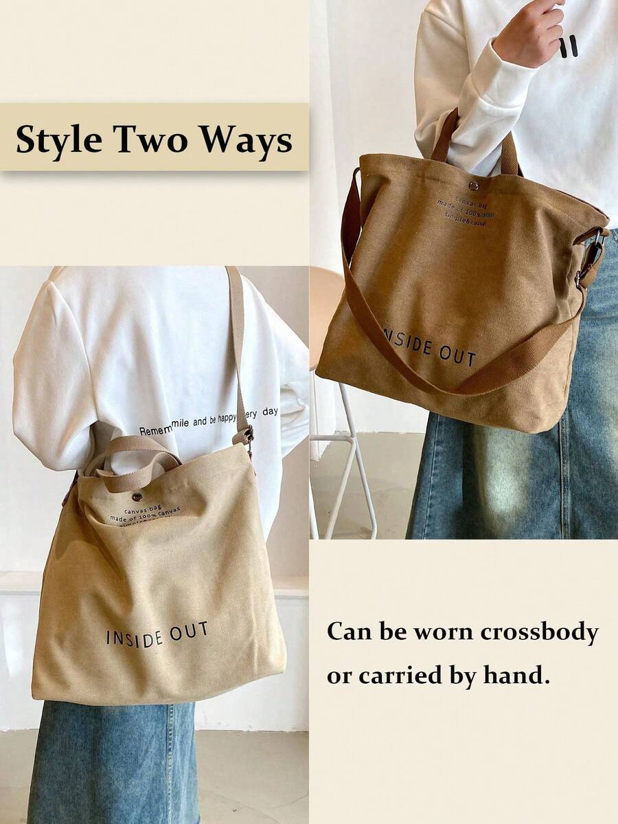 Retro Canvas Tote Bag Letter Print Shoulder Crossbody Bag Large-Capacity Double Handle Handbag College Grey Purse Back To School Travel Essential