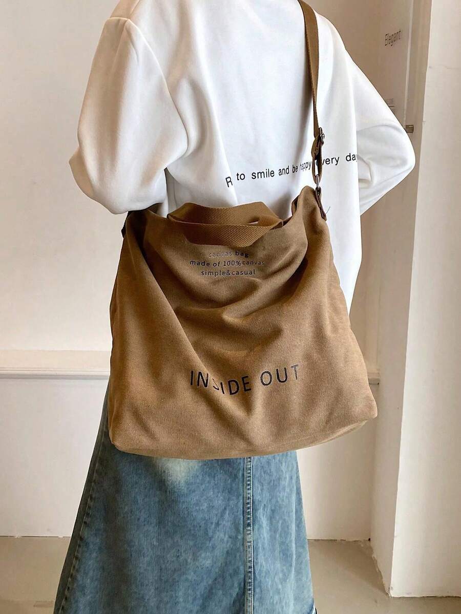 Retro Canvas Tote Bag Letter Print Shoulder Crossbody Bag Large-Capacity Double Handle Handbag College Grey Purse Back To School Travel Essential