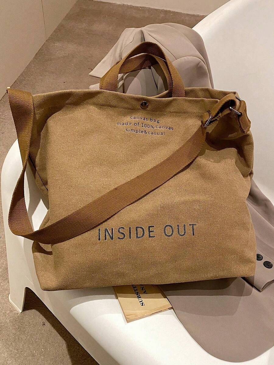 Retro Canvas Tote Bag Letter Print Shoulder Crossbody Bag Large-Capacity Double Handle Handbag College Grey Purse Back To School Travel Essential