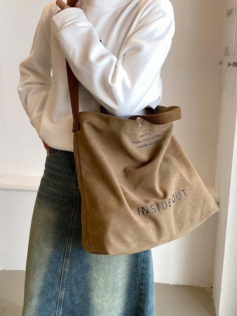 Retro Canvas Tote Bag Letter Print Shoulder Crossbody Bag Large-Capacity Double Handle Handbag College Grey Purse Back To School Travel Essential