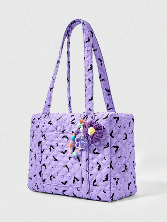 ROMWE Goth Purple Bat Print Fashion Large Capacity Women's Tote Bag, Halloween