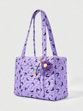 ROMWE Goth Purple Bat Print Fashion Large Capacity Women's Tote Bag, Halloween
