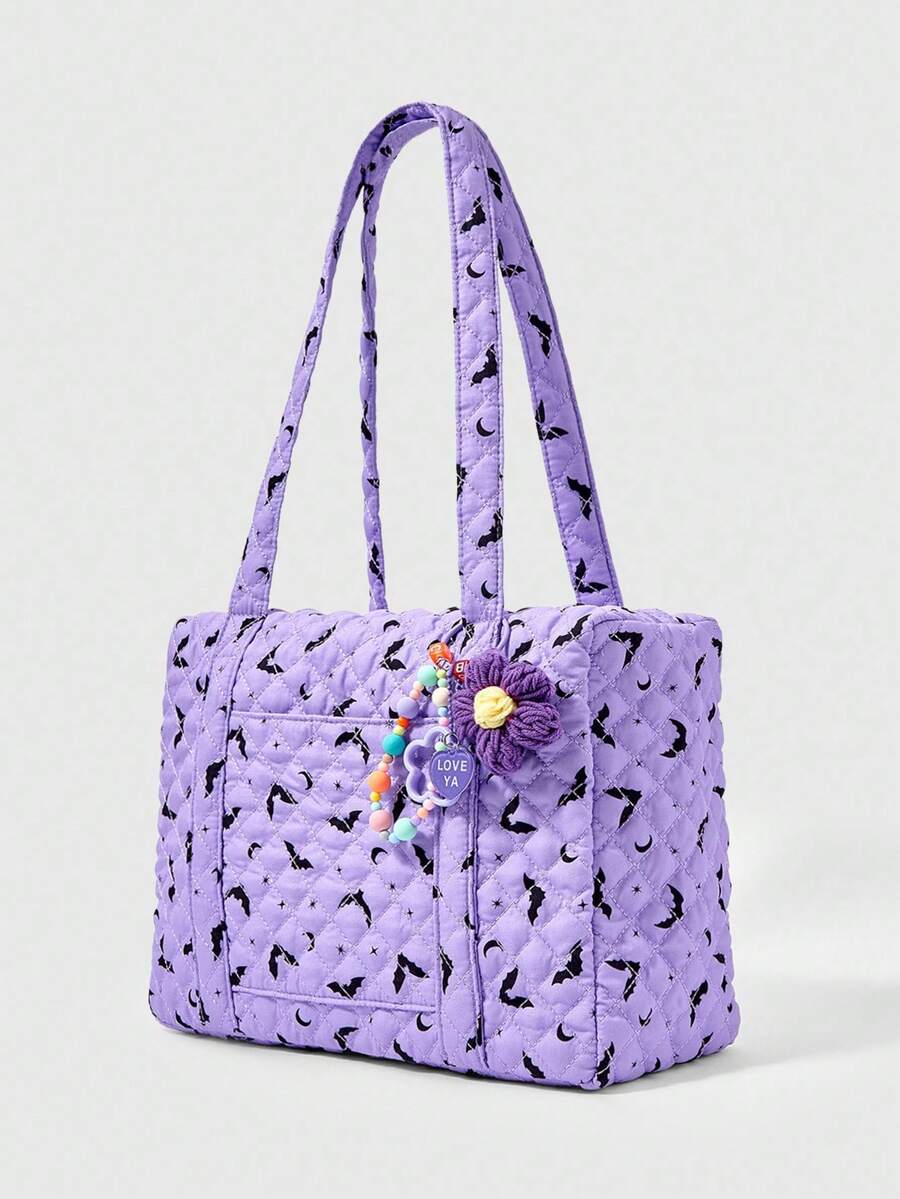 ROMWE Goth Purple Bat Print Fashion Large Capacity Women's Tote Bag, Halloween, Halloween Bags Perfect For Fancy Party Matching With Halloween Costumes, Best Halloween Gifts For Women